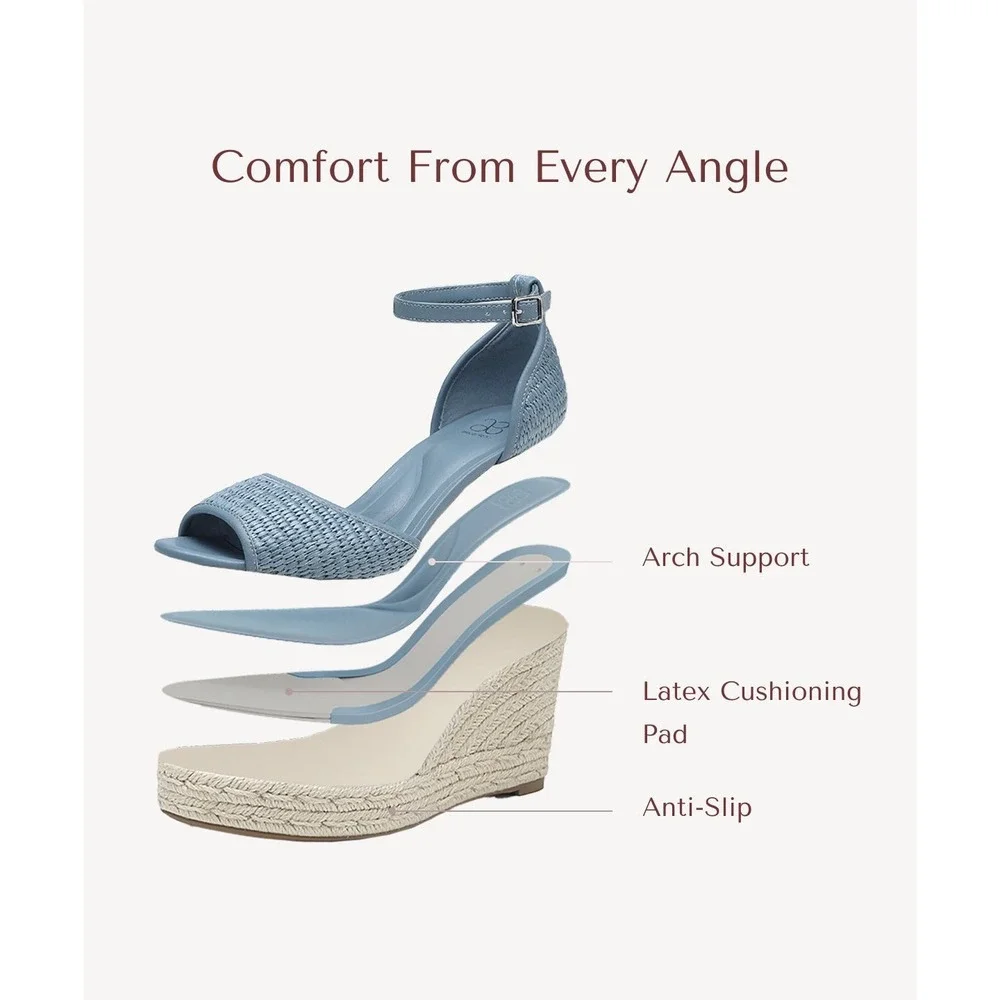 COSY ISLAND Blue‎ Raffia Wedge Sandals Round Toe Espadrille Platform Ankle Strap